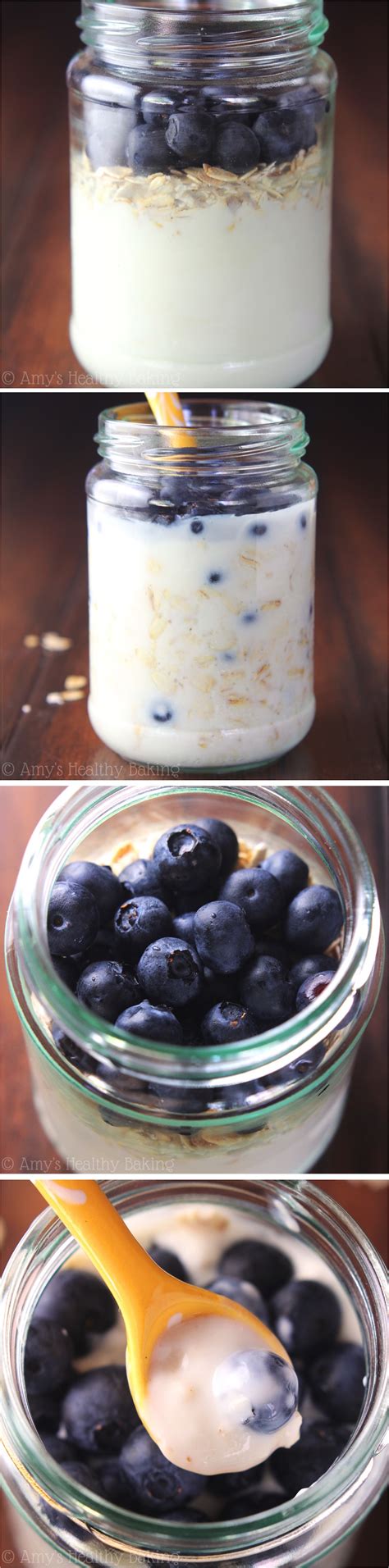 You can eat overnight oats at home, on the go or at your desk and it's a great way of getting some essential protein, fibre, wholegrain, healthy fats as well as vitamins and minerals. Blueberry Pie Protein Overnight Oats | Amy's Healthy Baking
