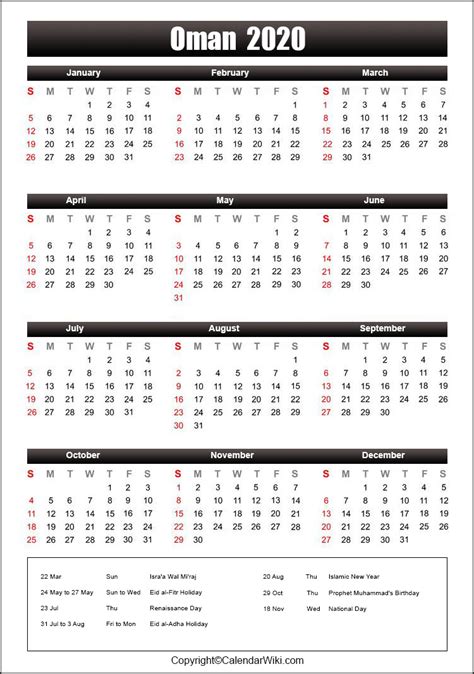 Printable Oman Calendar 2020 With Holidays Public Holidays