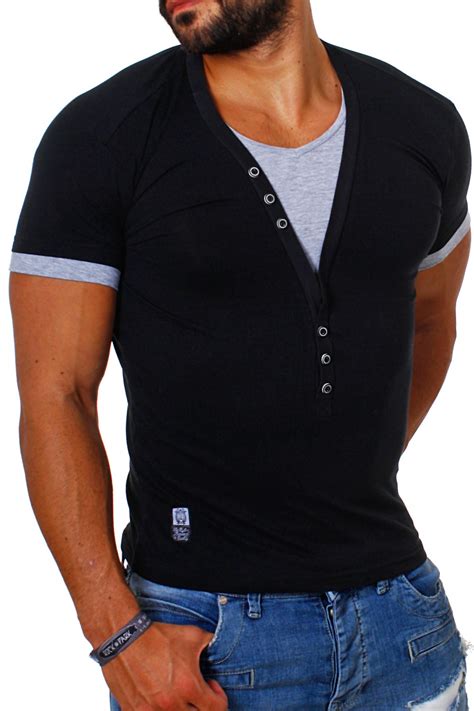 carisma 2in1 double t shirt kontrast knöpfe tiefer v ausschnitt slimfit herren ebay