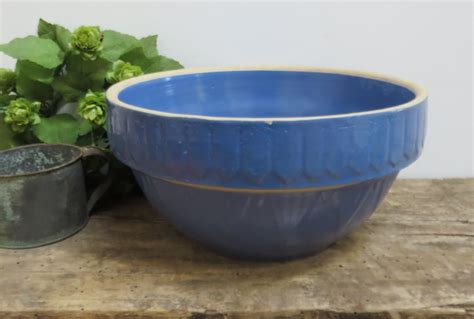 Vintage Blue Crockery Pottery Mixing Bowl Antique Kitchen 10 12 Inches