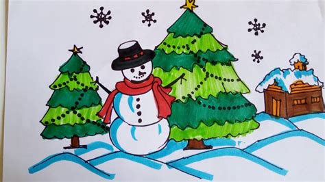 Snowman Drawing With Christmas Tree Winter Landscape Painting How