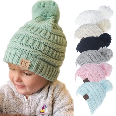 Kids Winter Hats Babies Warm Knitted Pompom Hats Boys Knitting Beanie