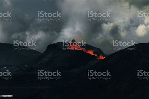 Dramatic View Of Fagradalsfjall Volcano Eruption In Iceland Stock Photo