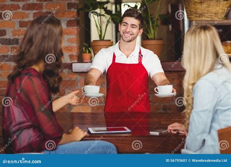 Smiling Waiter Serving Coffees To Customers Stock Image Image Of Food