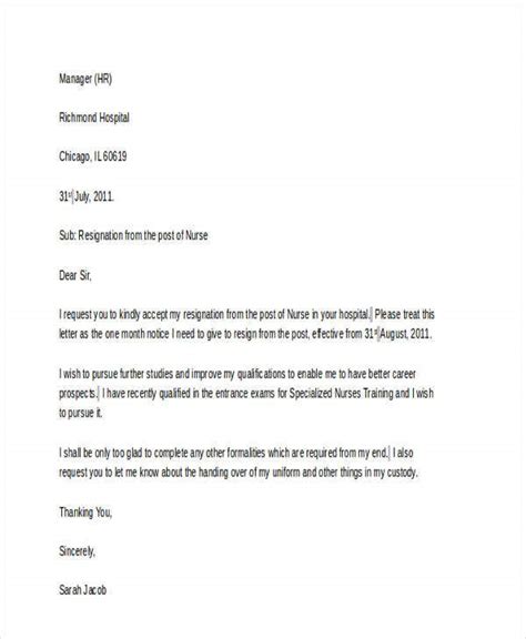 Resignation Letter Sample For A Nurse