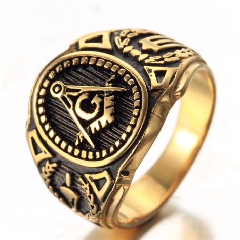 Gold Gp Mens Vintage Embossed Stamped Freemason Masonic Ring 316l