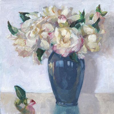 A Painting Of White Flowers In A Blue Vase On A Table Next To Another