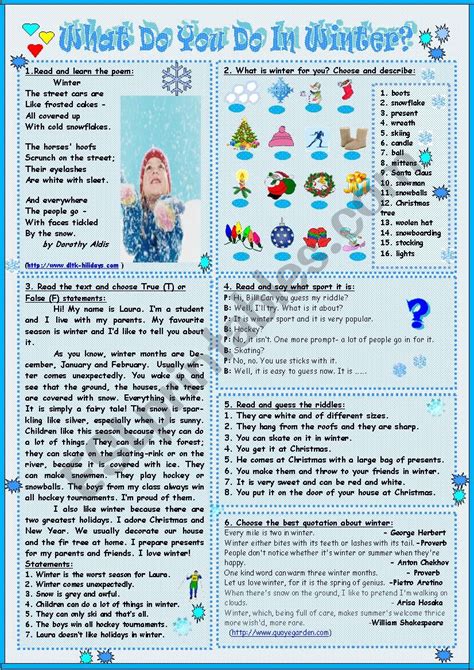 What Do You Do In Winter Esl Worksheet By Tmk939