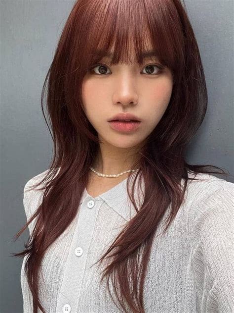 Korean Red Brown Hair Color Layered Long And Wavy Hair With Bangs
