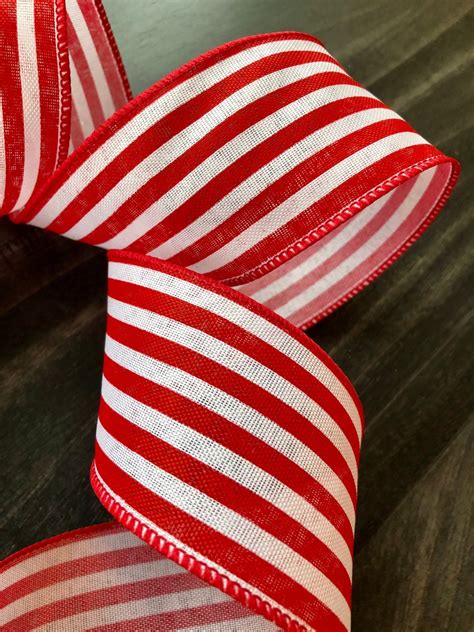 Wired Christmas Ribbon Red And White Stripe 2 12 X 25 Etsy