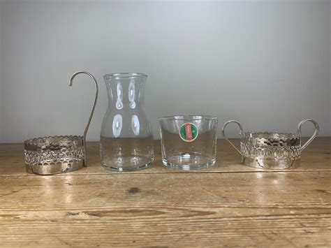 Vintage Duralex Glass Jug And Cup Mug In Hammered Finish Metal Holders Ebay