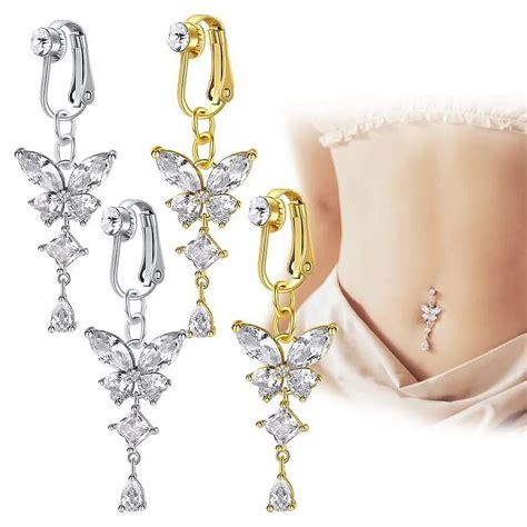 1pc Gold Color Faux Fake Belly Butterfly Fake Belly Piercing Clip On Umbilical Navel Rings