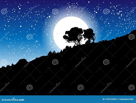 Trees Silhouette Against A Night Sky Stars And Moon Stock Vector