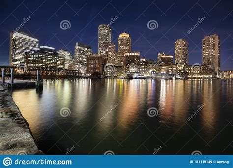 Boston City Skyline At Night Massachusetts Usa Editorial Stock Image