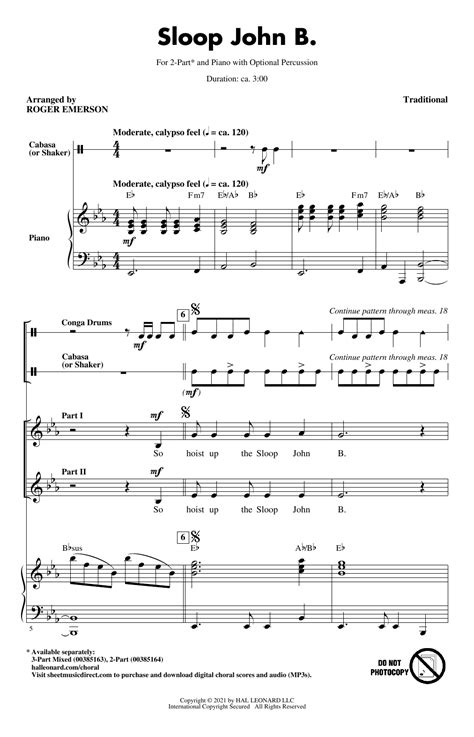 Traditional Sloop John B Arr Roger Emerson Sheet Music Notes Download Printable Pdf