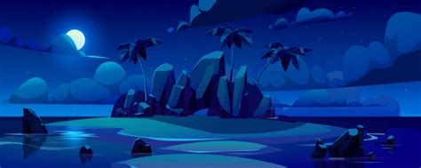 Ночной пейзаж тропического острова пальмы пляж море и парусник