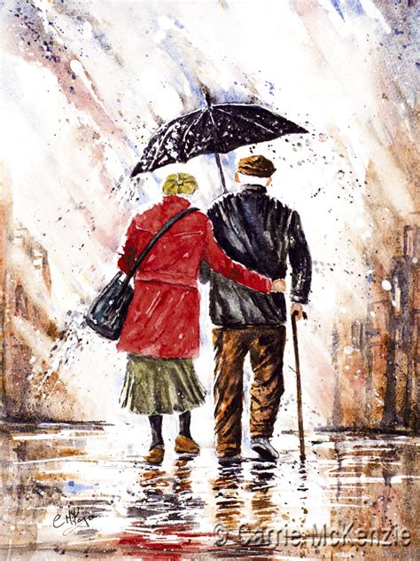Couple In Rain With Umbrella Painting