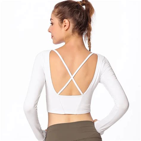 2018 Women Gym White Yoga Crop Tops Yoga Shirts Long Sleeve Workout Tops Fitness Running Sport T