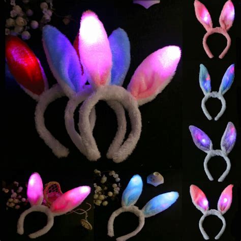 Led Light Up Bunny Rabbit Ears Plush Headband Glow In Dark Party Decor