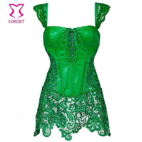 Punk Gothic Clothing Green Floral Laceandleather Corset Plus Size Corsets And Bustiers Steampunk