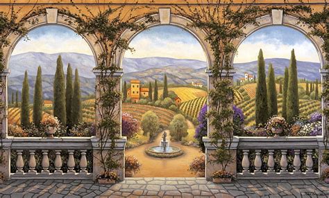 Tuscan Villa Fountain Trees Landscape Pillars Painting Artwork