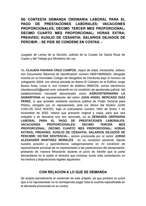 Contestacion DE Demanda Laboral Grupo 2 SE CONTESTA DEMANDA ORDINARIA