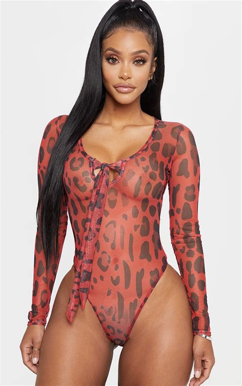 shape red sheer leopard print tie front bodysuit prettylittlething