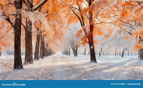 First Snowfall In A Bright Colorful City Park In Autumn First Snow In