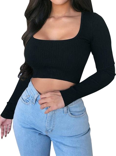 Women S U Neck Low Cut Crop Top U Neck Slim Fit Long Sleeved Knit Knit Fitted Pullover Tee
