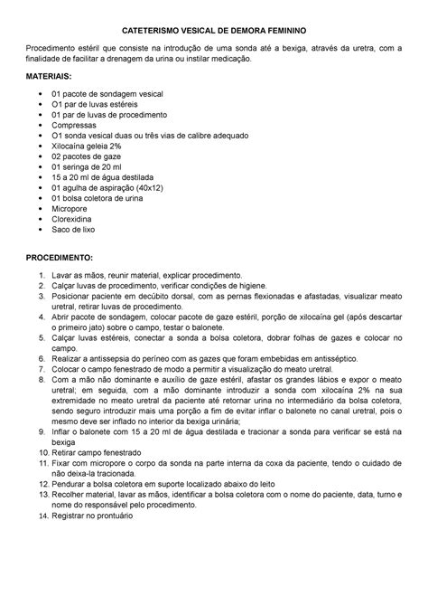 Roteiro Cateterismo Vesical De Demora Feminino Cateterismo Vesical