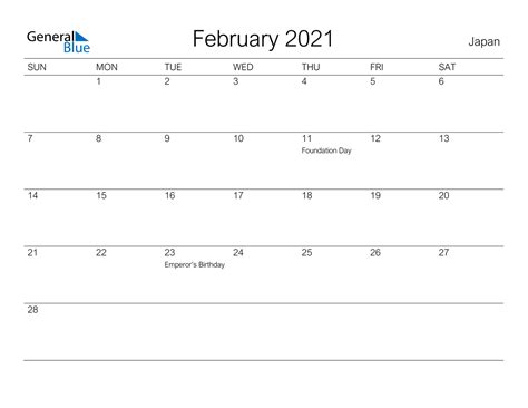 Add your notes, official holidays before you print. February 2021 Calendar - Japan