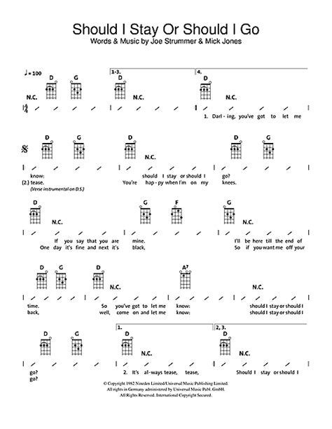 Should I Stay Or Should I Go Sheet Music By The Clash Ukulele With