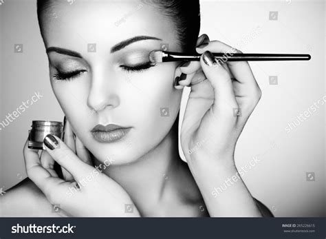 Makeup Artist Applies Eye Shadow Beautiful Woman Face Perfect Makeup