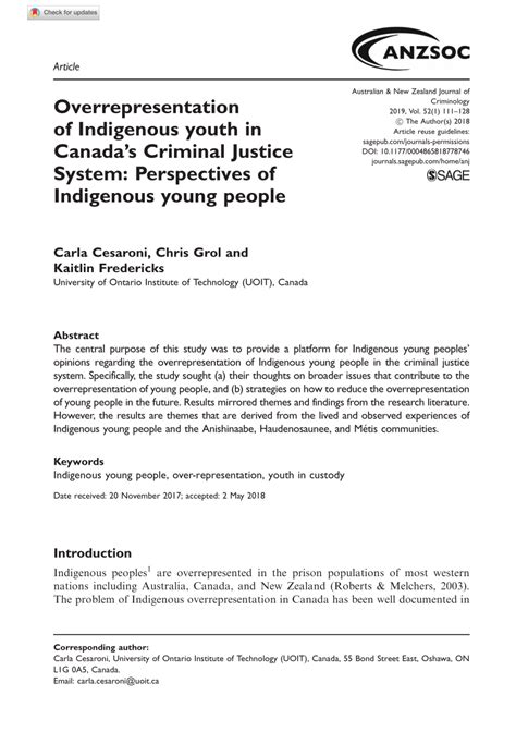 Pdf Overrepresentation Of Indigenous Youth In Canada’s Criminal Justice System Perspectives