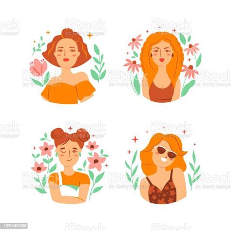the set of the redhead and blonde girls portraits the faces and avatars stock illustration