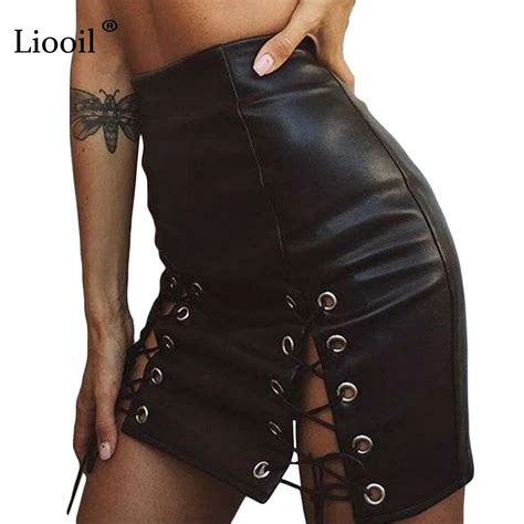 Liooil Black Lace Up Leather Skirt Winter New Pu High Waist Sexy Hollow Out Mini Skirt Fashion