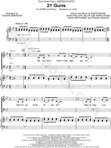 21 Guns From American Idiot Arr Roger Emerson Satb Choir Piano