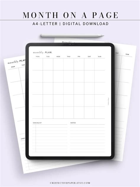Month On One Page Monthly Planner Printable Monthly Overview Etsy