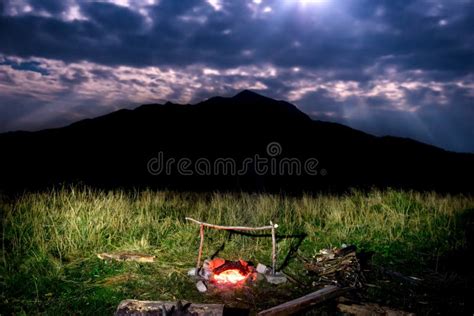 Campfire Near Mountain At Night Stock Image Image Of Field Moonlight
