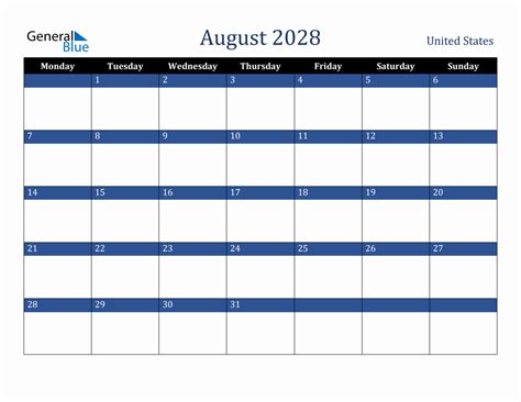 August 2028 United States Holiday Calendar
