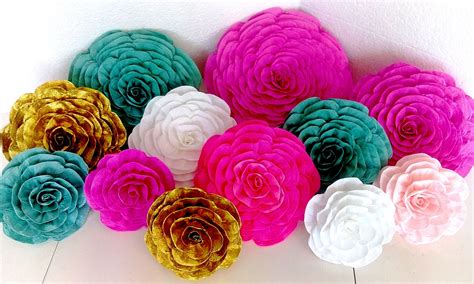 12 Pink Gold Teal Large Paper Flowers Wall Decor Backdrop Etsy