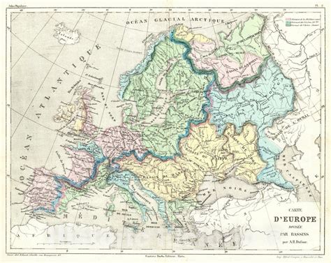 Historic Map 1856 Carte Deurope Divisee Par Bassins Vintage Wall
