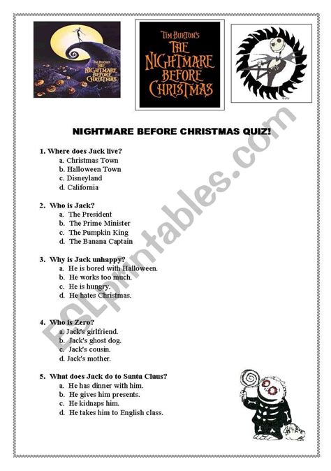 A beginner's quiz to help break the . Nightmare Before Christmas FUN movie Quiz Multiple Choice ...