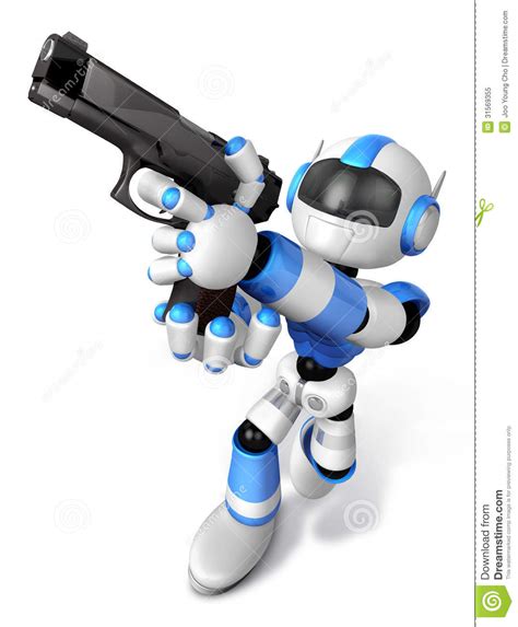 Red 3d Robot Jumping Holding An Automatic Pistol Create