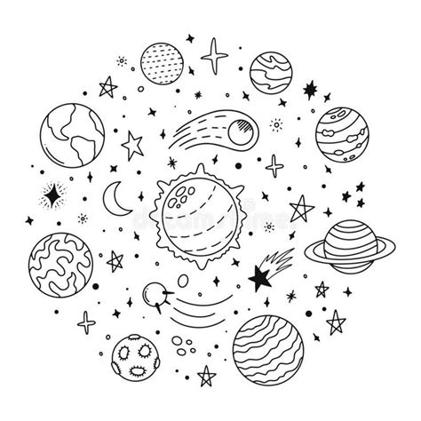 Doodle Solar System Hand Drawn Sketch Planets Cosmic Comet And Stars