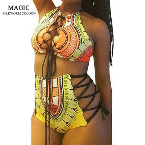 Bkning African Print Swimwear High Neck Bikini Set Swimsuit Women