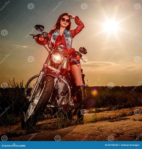 Biker Girl Sitting On Motorcycle Stock Photo Image Of Posing Lady
