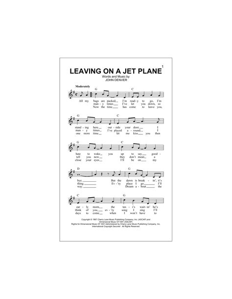 Leaving on a jet plane chords/lyrics/chorus g c so kiss me and smile for me g c tell me that you'll wait for me g c d hold me like you'll never let me go. Novament: John Denver Leaving On A Jet Plane Lyrics