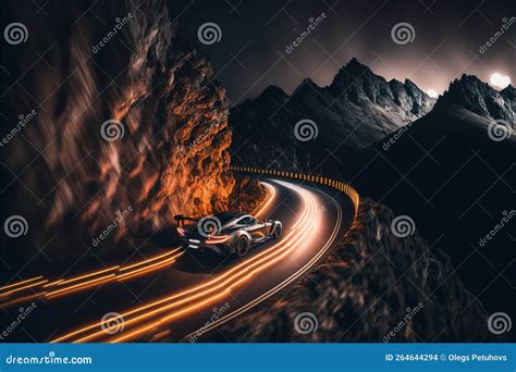 A Car Driving Down A Road With Mountains In The Background At Night
