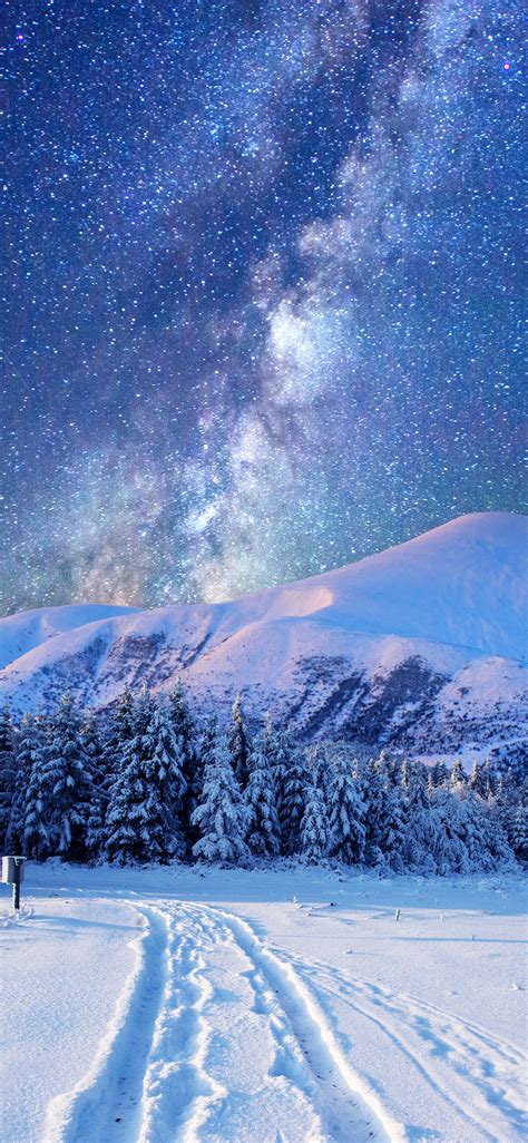 Starry Sky Over Winter Landscape Mobile Wallpaper Hd Mobile Walls